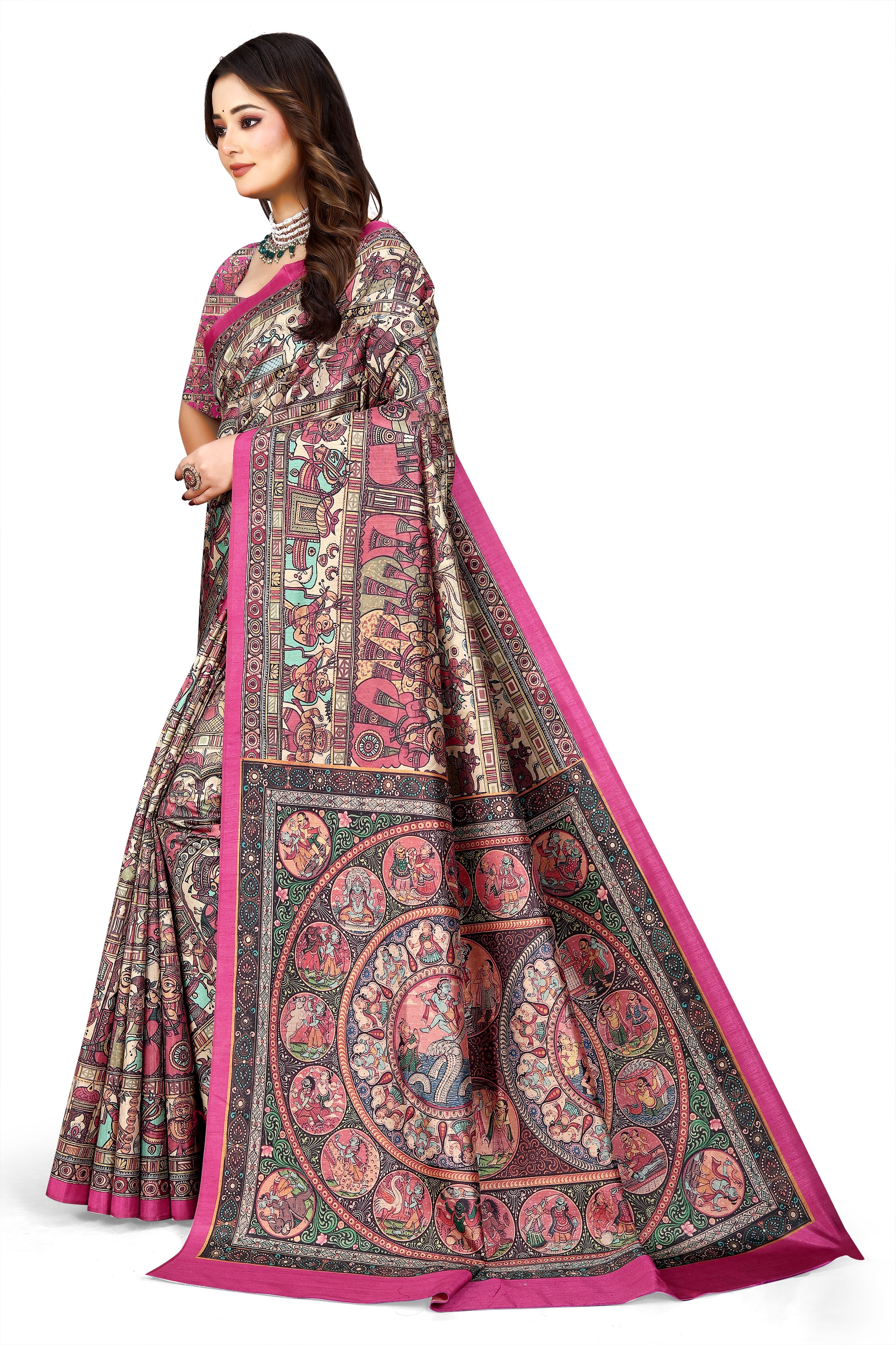 Madhubani Print Manipuri Silk Saree for Women | Indian Ethnic Party & Casual Wear | Unstitched Blouse Included-Pink