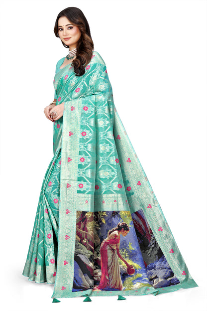 OWLSKY, SASSY & STYLO Jacquard Saree for Women | Elegant Weaving Work | Jacquard Silk Saree with Unstitched Blouse for Women | Unique Digital Pallu Art Sea Green