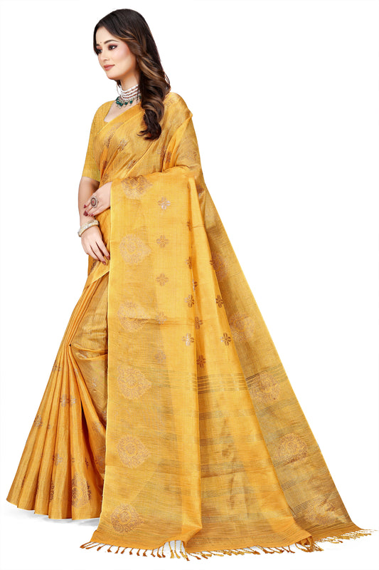 OWLSKY, SASSY & STYLO Women's Elegant Linen Weaving Saree with Unstitched Blouse Piece Golden