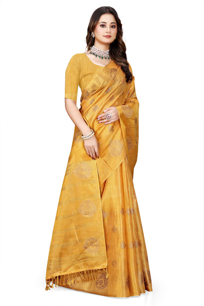 OWLSKY, SASSY & STYLO Women's Elegant Linen Weaving Saree with Unstitched Blouse Piece Golden