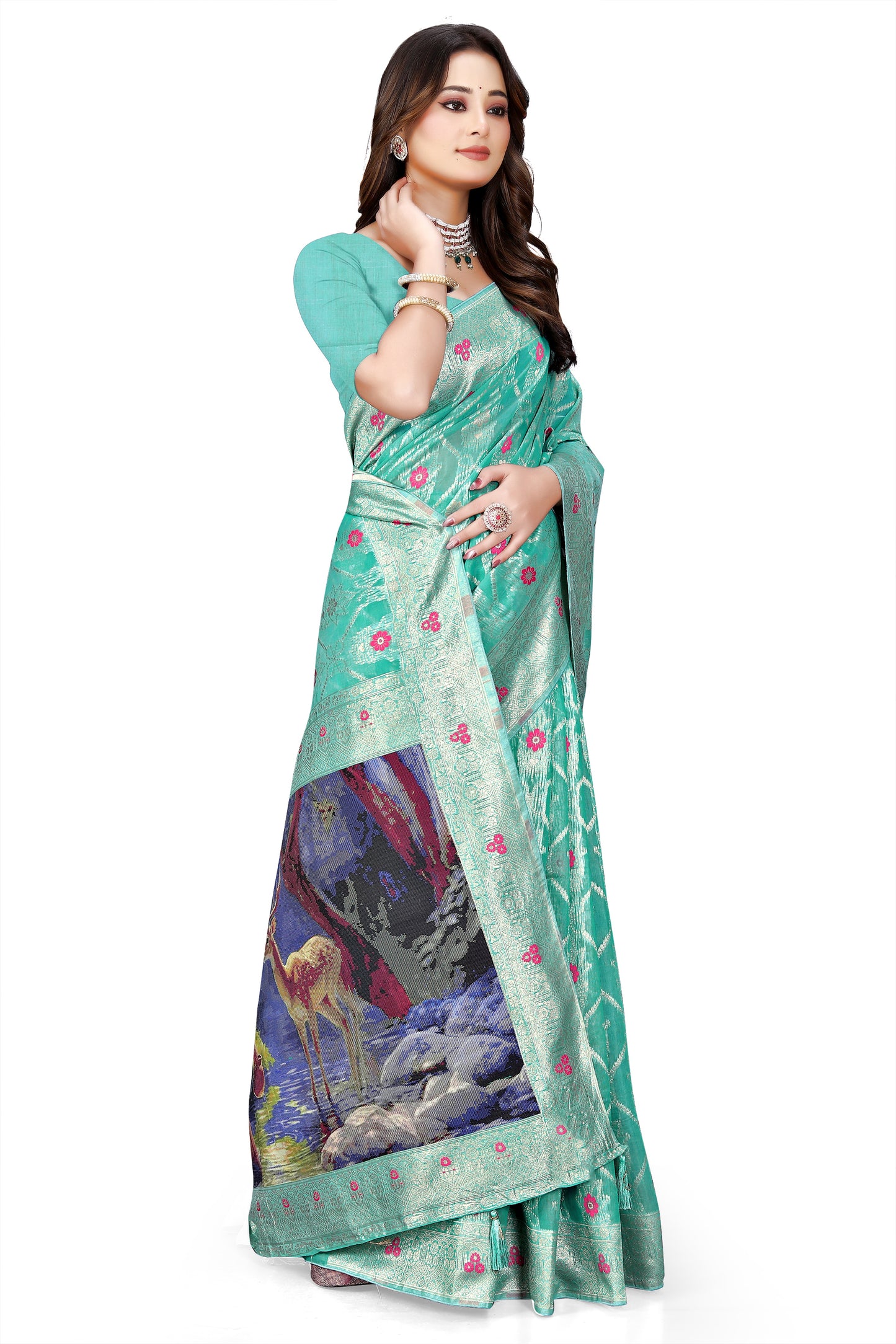 OWLSKY, SASSY & STYLO Jacquard Saree for Women | Elegant Weaving Work | Jacquard Silk Saree with Unstitched Blouse for Women | Unique Digital Pallu Art Sea Green