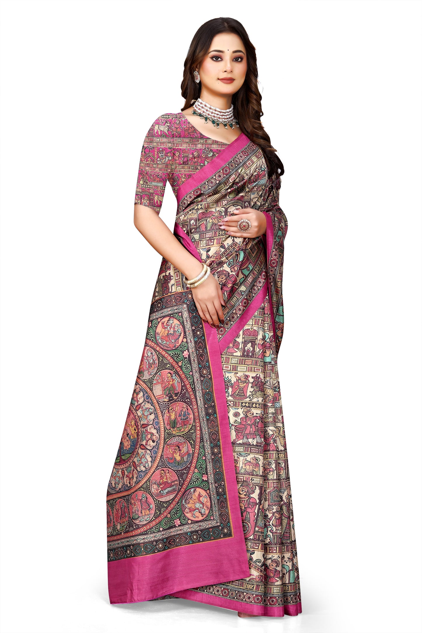 Madhubani Print Manipuri Silk Saree for Women | Indian Ethnic Party & Casual Wear | Unstitched Blouse Included Pink
