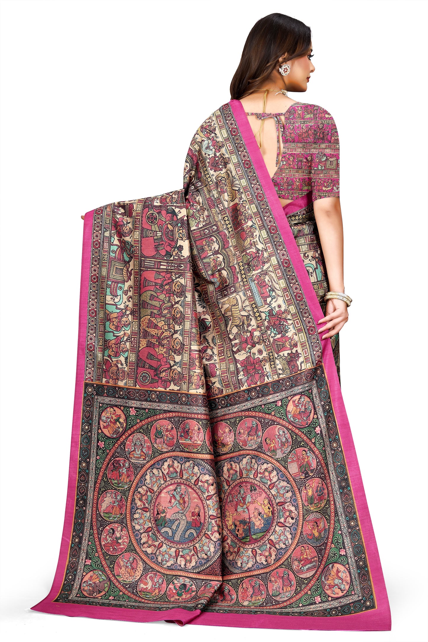 Madhubani Print Manipuri Silk Saree for Women | Indian Ethnic Party & Casual Wear | Unstitched Blouse Included Pink