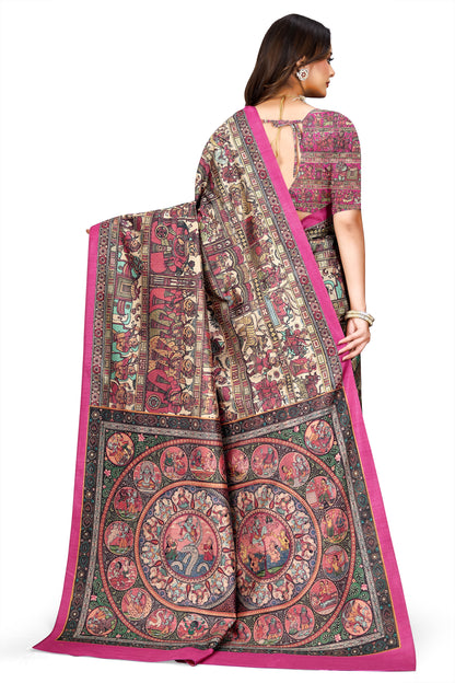 Madhubani Print Manipuri Silk Saree for Women | Indian Ethnic Party & Casual Wear | Unstitched Blouse Included Pink