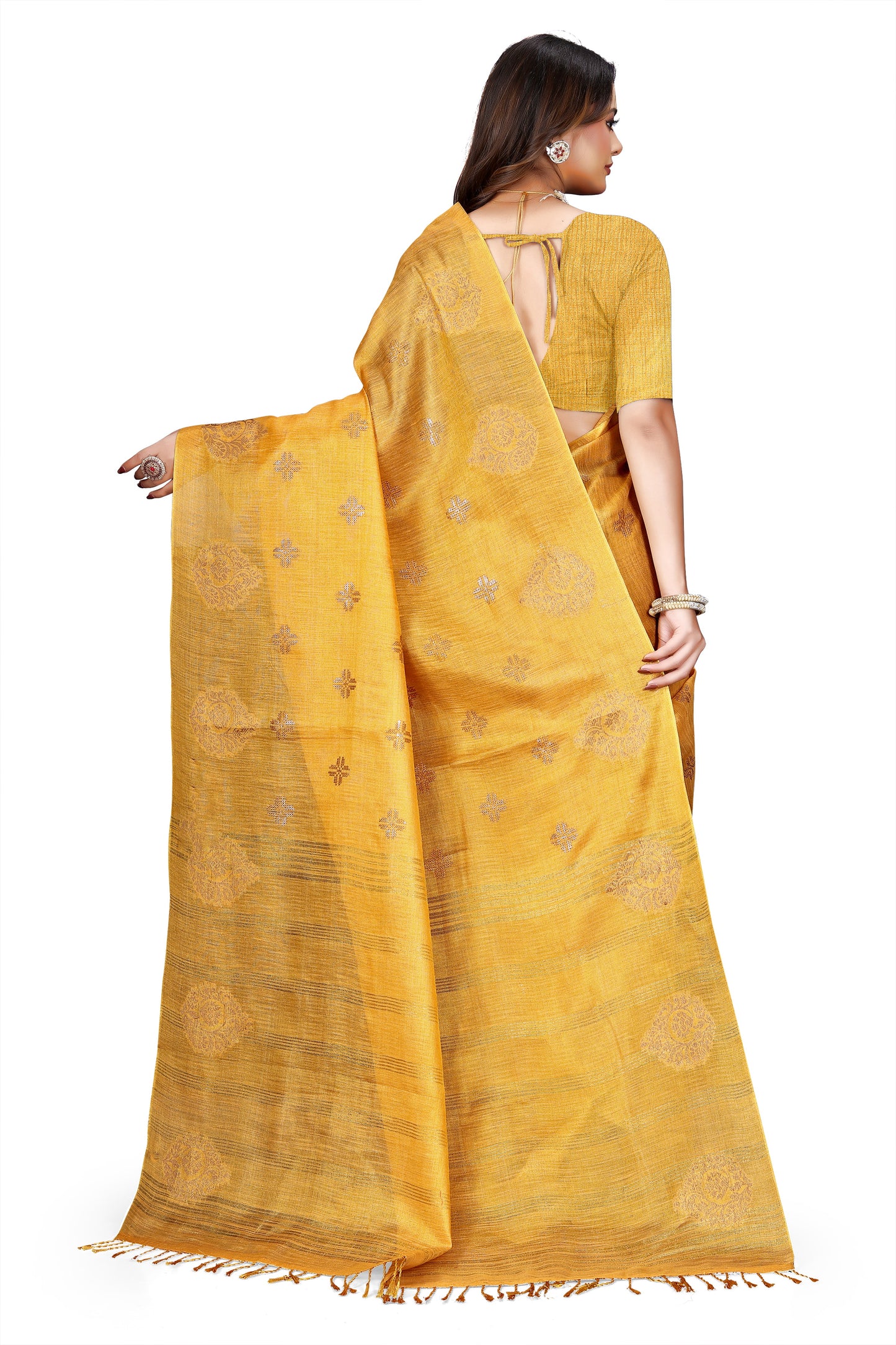 OWLSKY, SASSY & STYLO Women's Elegant Linen Weaving Saree with Unstitched Blouse Piece Golden