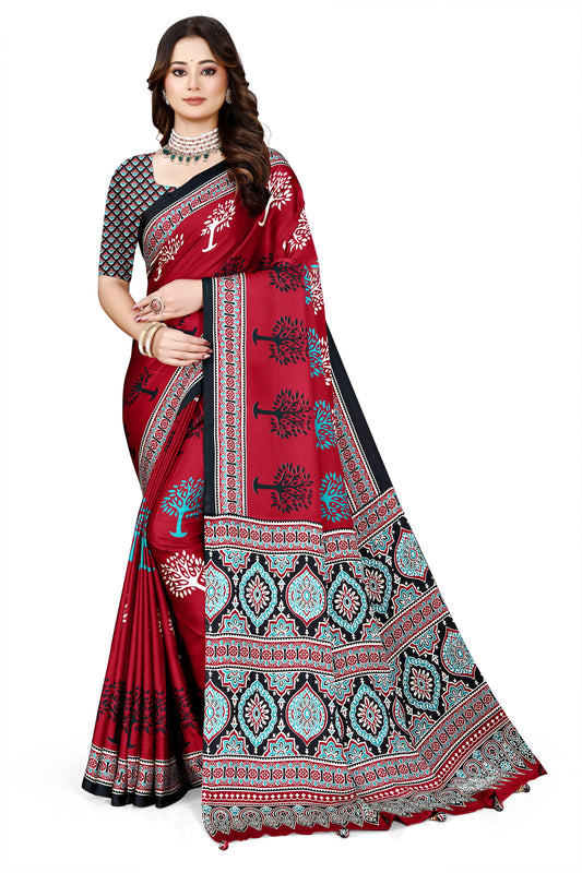OWLSKY, SASSY & STYLO Womens Japan Satin Saree with Foil Print | Traditional Printed Saree with Unstitched Blouse | Festive Wear Saree for Women | Ethnic Designer Saree Red