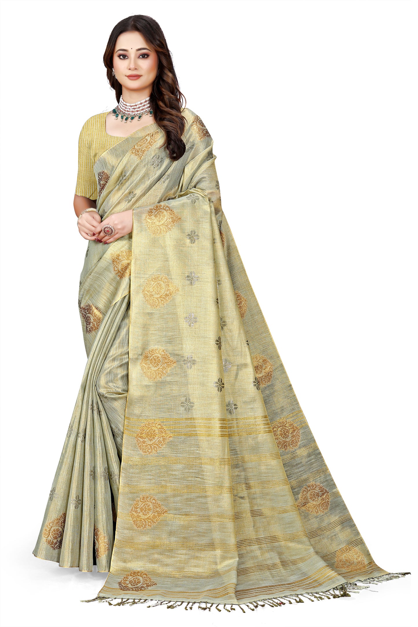 OWLSKY, SASSY & STYLO Women's Elegant Linen Weaving Saree with Unstitched Blouse Piece Light Gold