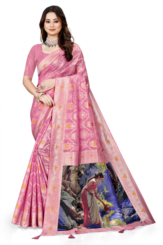 OWLSKY, SASSY & STYLO Jacquard Saree for Women | Elegant Weaving Work | Jacquard Silk Saree with Unstitched Blouse for Women | Unique Digital Pallu Art Pink