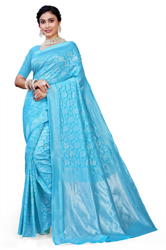 Owl Sky Kanjivaram Cotton Silk Saree for Women with Zari Border | Traditional Indian Saree with Unstitched Blouse Piece | Lightweight Festival Wear Saree | Elegant Soft Cotton Silk Saree Sky Blue