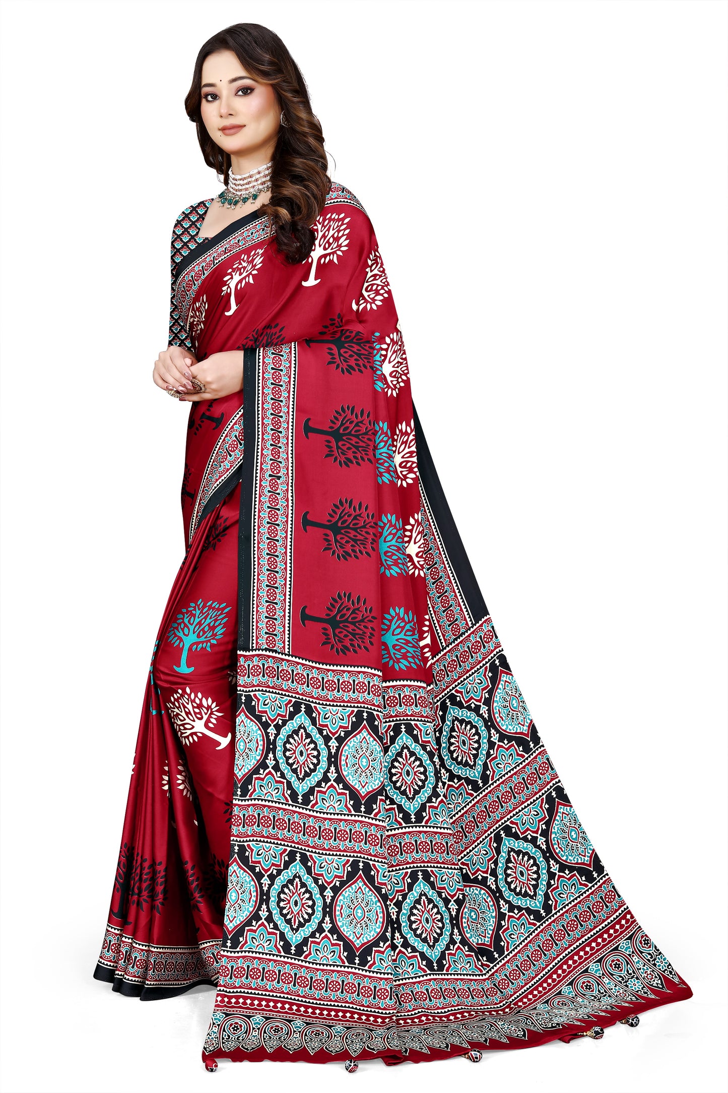 OWLSKY, SASSY & STYLO Womens Japan Satin Saree with Foil Print | Traditional Printed Saree with Unstitched Blouse | Festive Wear Saree for Women | Ethnic Designer Saree Red