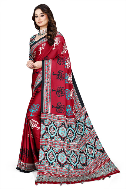 OWLSKY, SASSY & STYLO Womens Japan Satin Saree with Foil Print | Traditional Printed Saree with Unstitched Blouse | Festive Wear Saree for Women | Ethnic Designer Saree Red