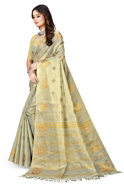 OWLSKY, SASSY & STYLO Women's Elegant Linen Weaving Saree with Unstitched Blouse Piece Light Gold