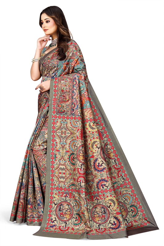Madhubani Print Manipuri Silk Saree for Women | Indian Ethnic Party & Casual Wear | Unstitched Blouse Included-Grey