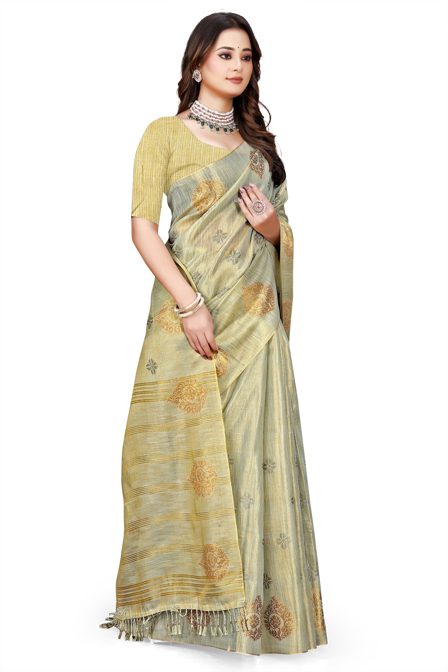OWLSKY, SASSY & STYLO Women's Elegant Linen Weaving Saree with Unstitched Blouse Piece Light Gold