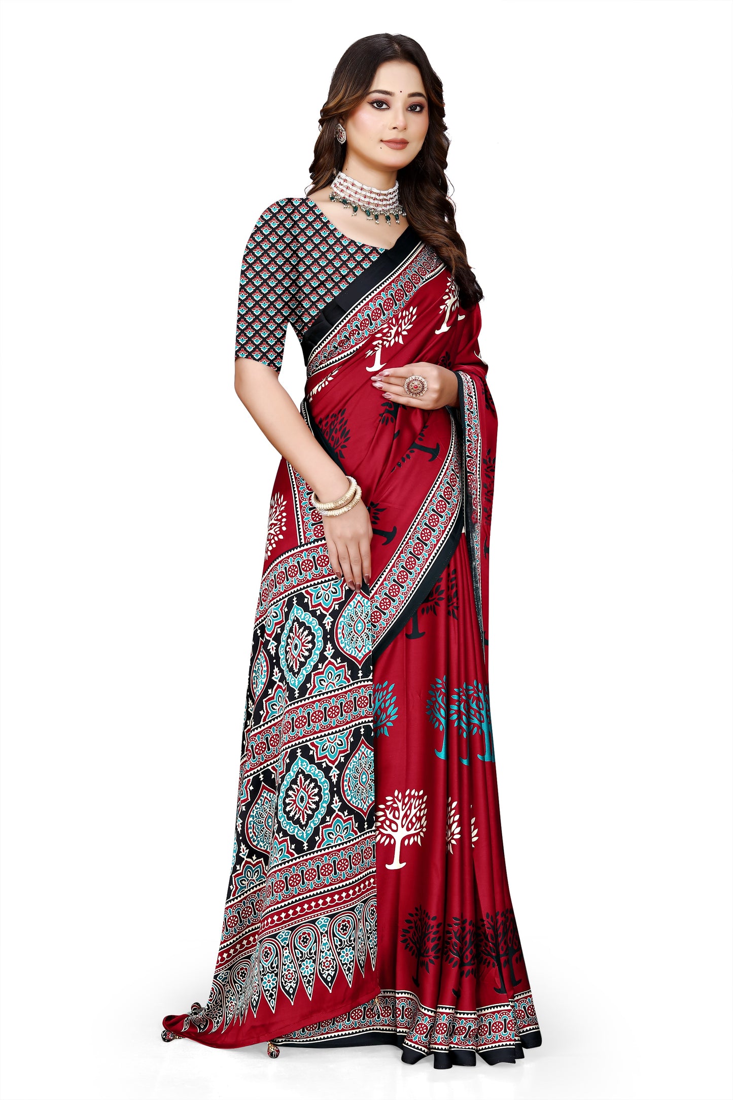 OWLSKY, SASSY & STYLO Womens Japan Satin Saree with Foil Print | Traditional Printed Saree with Unstitched Blouse | Festive Wear Saree for Women | Ethnic Designer Saree Red