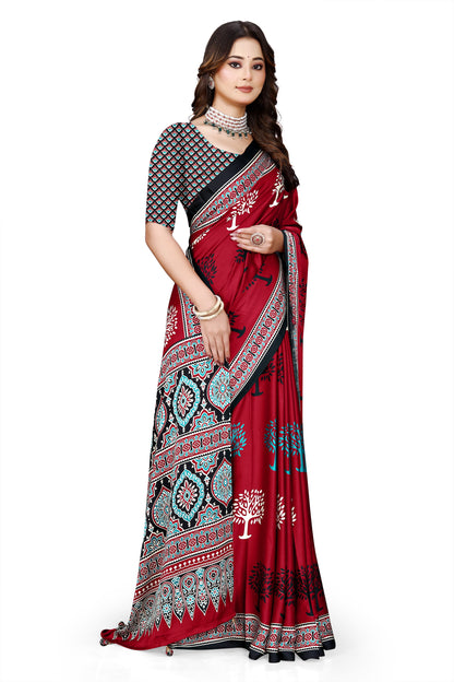 OWLSKY, SASSY & STYLO Womens Japan Satin Saree with Foil Print | Traditional Printed Saree with Unstitched Blouse | Festive Wear Saree for Women | Ethnic Designer Saree Red