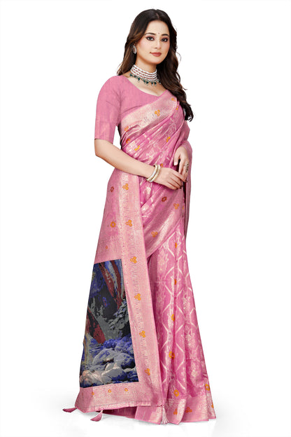 OWLSKY, SASSY & STYLO Jacquard Saree for Women | Elegant Weaving Work | Jacquard Silk Saree with Unstitched Blouse for Women | Unique Digital Pallu Art Pink