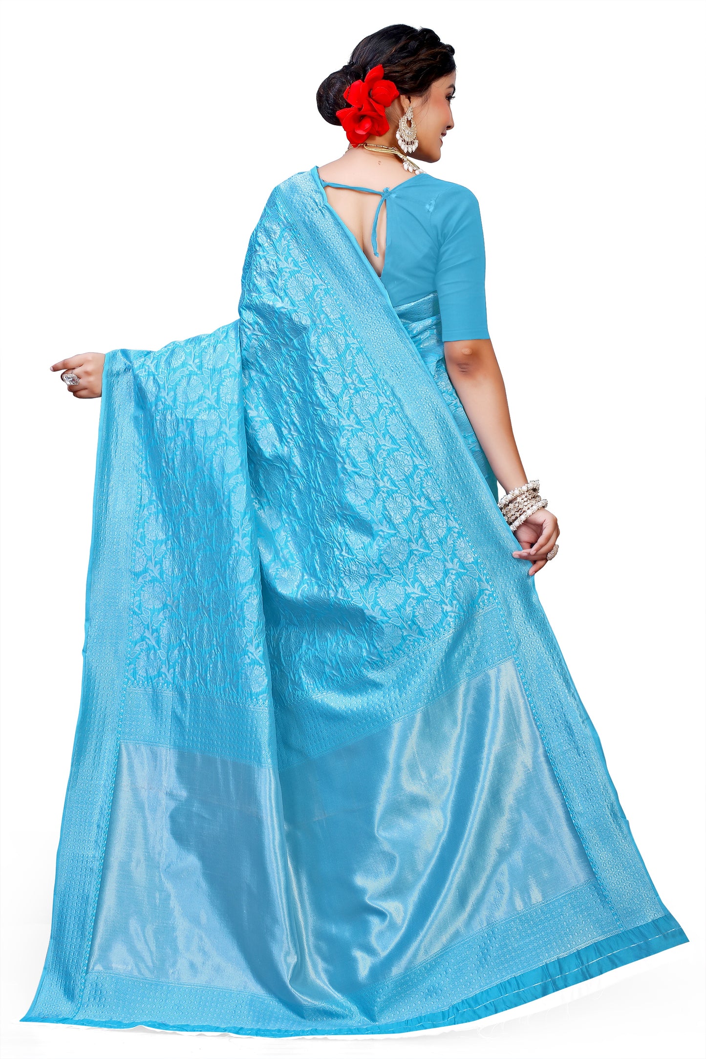 Owl Sky Kanjivaram Cotton Silk Saree for Women with Zari Border | Traditional Indian Saree with Unstitched Blouse Piece | Lightweight Festival Wear Saree | Elegant Soft Cotton Silk Saree Sky Blue