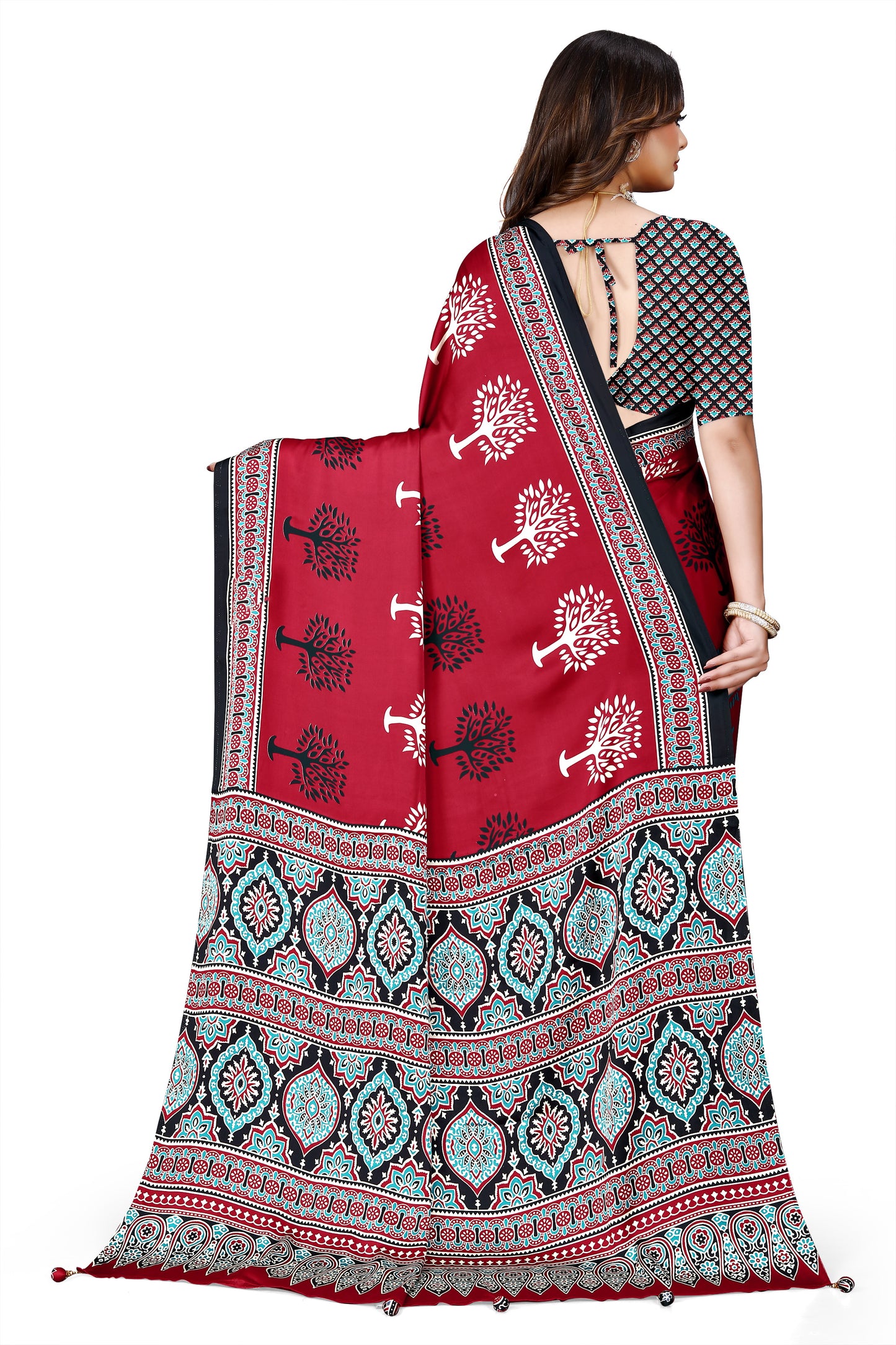 OWLSKY, SASSY & STYLO Womens Japan Satin Saree with Foil Print | Traditional Printed Saree with Unstitched Blouse | Festive Wear Saree for Women | Ethnic Designer Saree Red