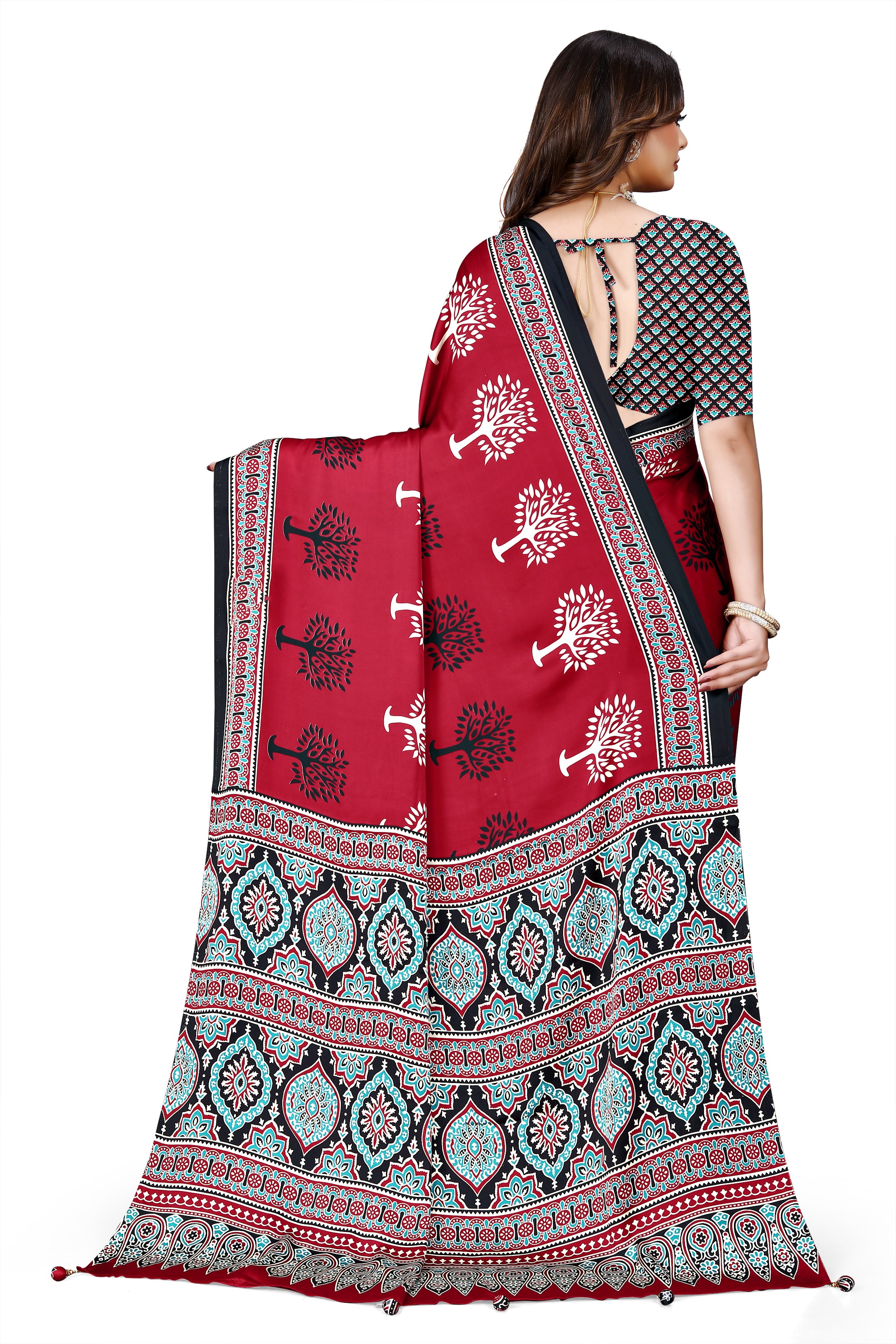 OWLSKY, SASSY & STYLO Womens Japan Satin Saree with Foil Print | Traditional Printed Saree with Unstitched Blouse | Festive Wear Saree for Women | Ethnic Designer Saree Red