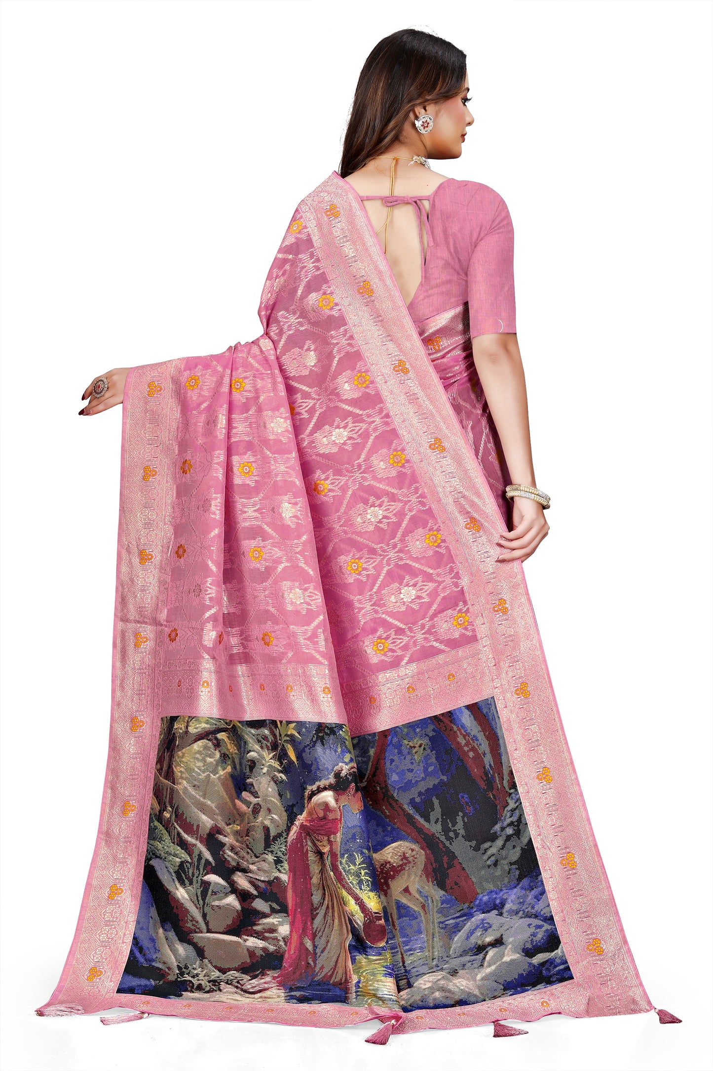 OWLSKY, SASSY & STYLO Jacquard Saree for Women | Elegant Weaving Work | Jacquard Silk Saree with Unstitched Blouse for Women | Unique Digital Pallu Art Pink