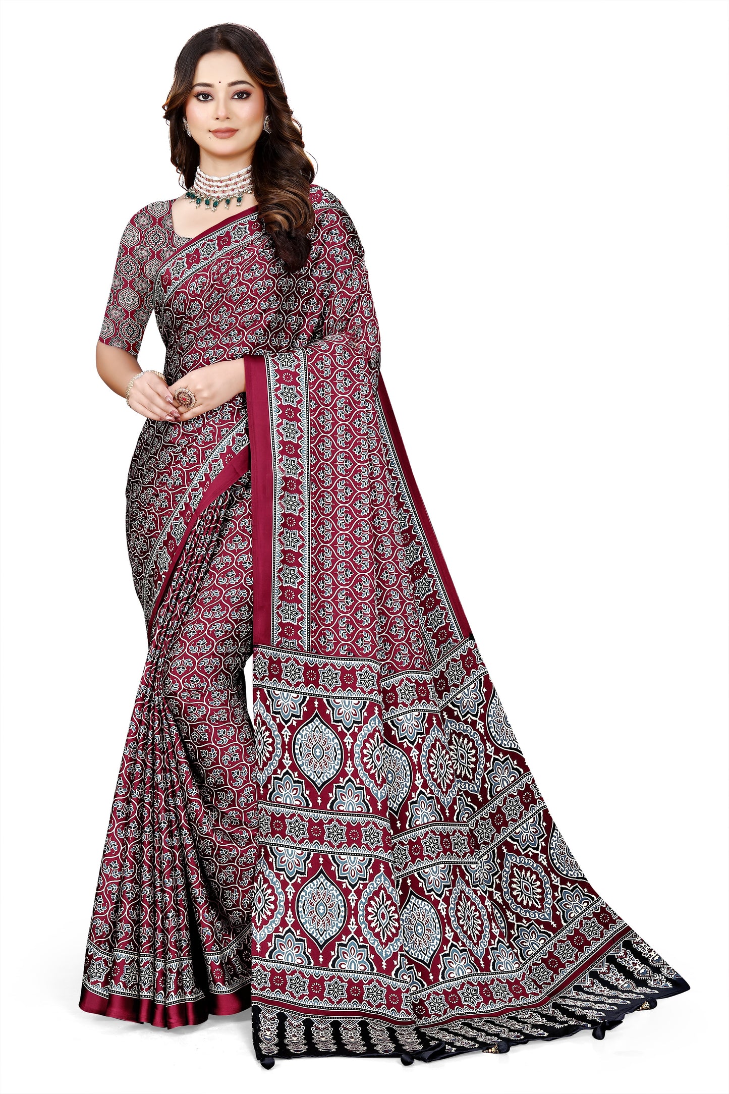 OWLSKY, SASSY & STYLO Womens Japan Satin Saree with Foil Print | Traditional Printed Saree with Unstitched Blouse | Festive Wear Saree for Women | Ethnic Designer Saree Maroon
