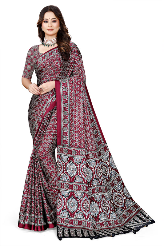OWLSKY, SASSY & STYLO Womens Japan Satin Saree with Foil Print | Traditional Printed Saree with Unstitched Blouse | Festive Wear Saree for Women | Ethnic Designer Saree Maroon