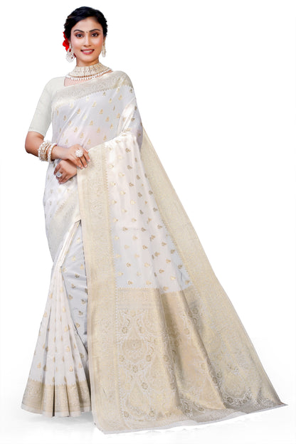 Owlsky Women's Kanjivaram Silk Saree Soft Banarasi Style with Golden & Silver Zari Border | Elegant Silk Look Saree with Unstitched Blouse Piece Off White