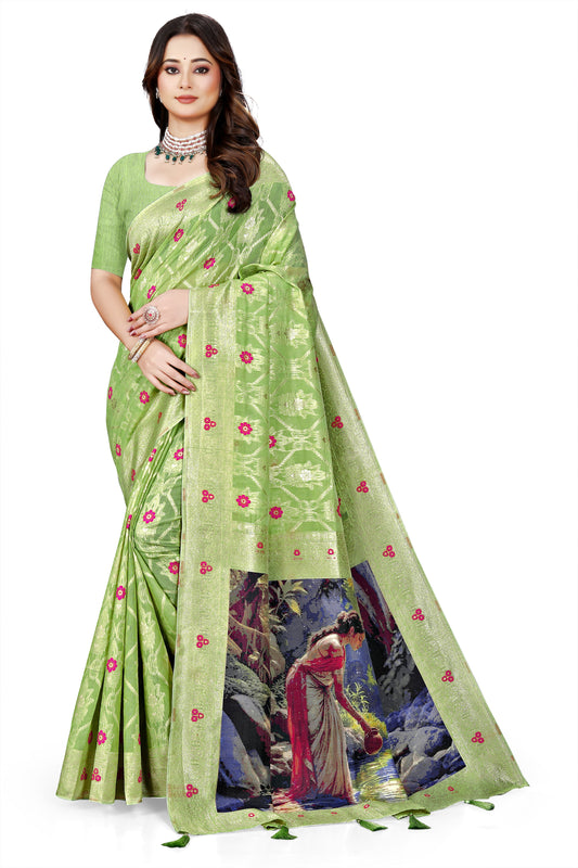 OWLSKY, SASSY & STYLO Jacquard Saree for Women | Elegant Weaving Work | Jacquard Silk Saree with Unstitched Blouse for Women | Unique Digital Pallu Art Green
