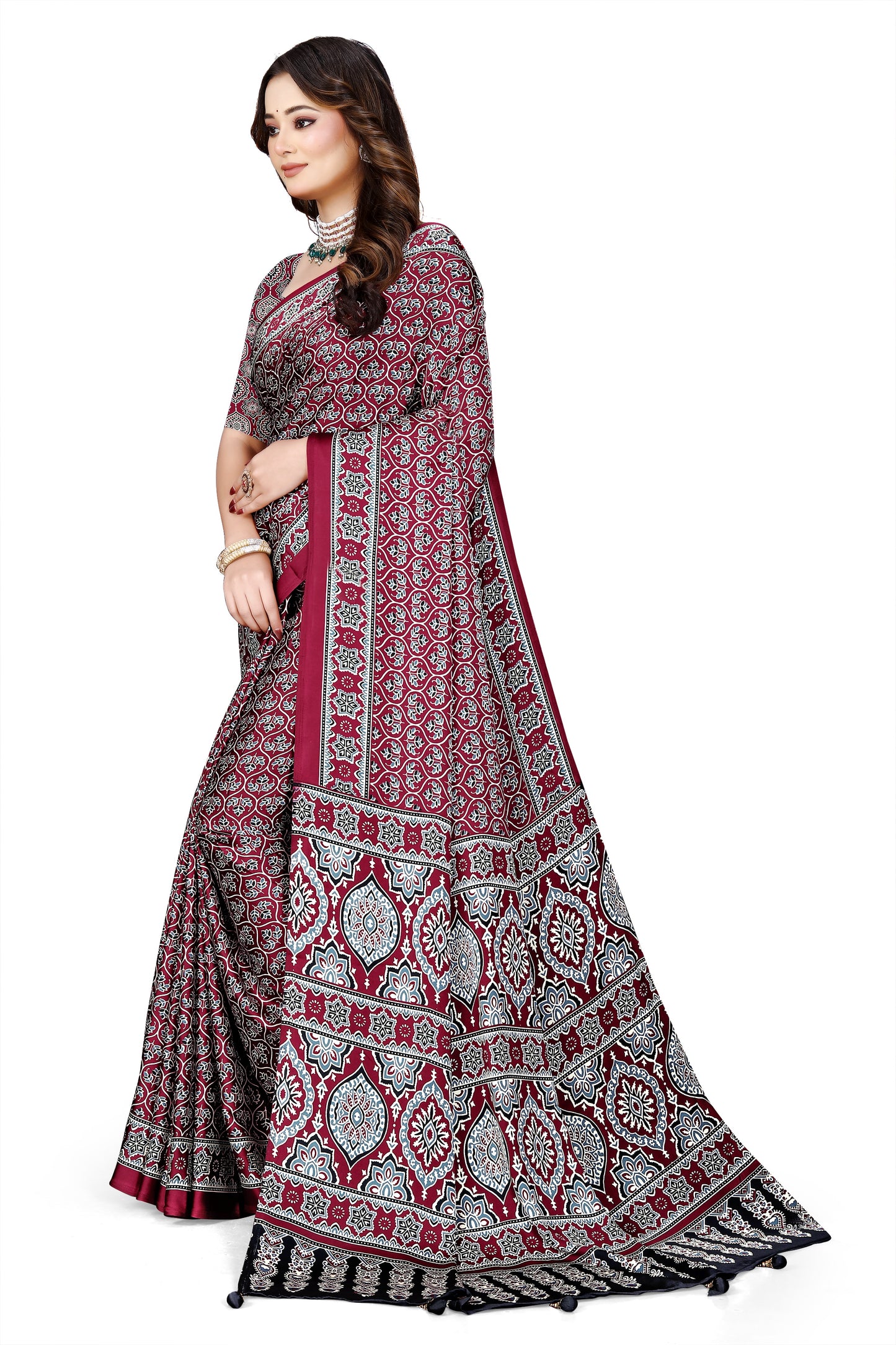 OWLSKY, SASSY & STYLO Womens Japan Satin Saree with Foil Print | Traditional Printed Saree with Unstitched Blouse | Festive Wear Saree for Women | Ethnic Designer Saree Maroon