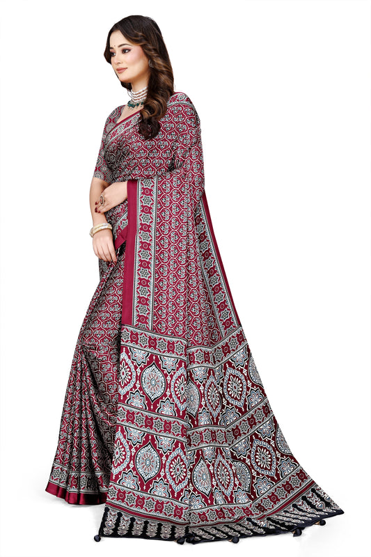 OWLSKY, SASSY & STYLO Womens Japan Satin Saree with Foil Print | Traditional Printed Saree with Unstitched Blouse | Festive Wear Saree for Women | Ethnic Designer Saree Maroon
