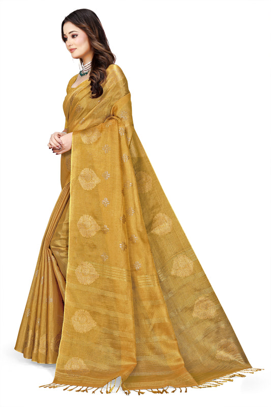 OWLSKY, SASSY & STYLO Women's Elegant Linen Weaving Saree with Unstitched Blouse Piece Yellow