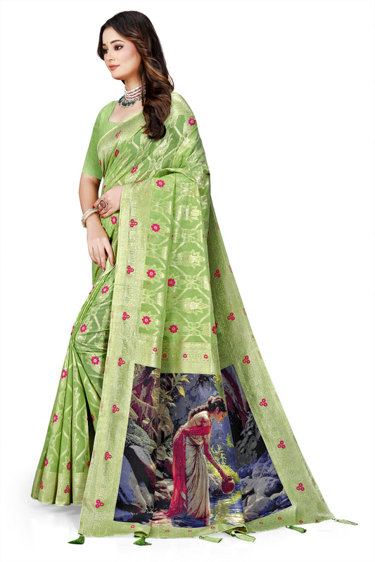 OWLSKY, SASSY & STYLO Jacquard Saree for Women | Elegant Weaving Work | Jacquard Silk Saree with Unstitched Blouse for Women | Unique Digital Pallu Art Green