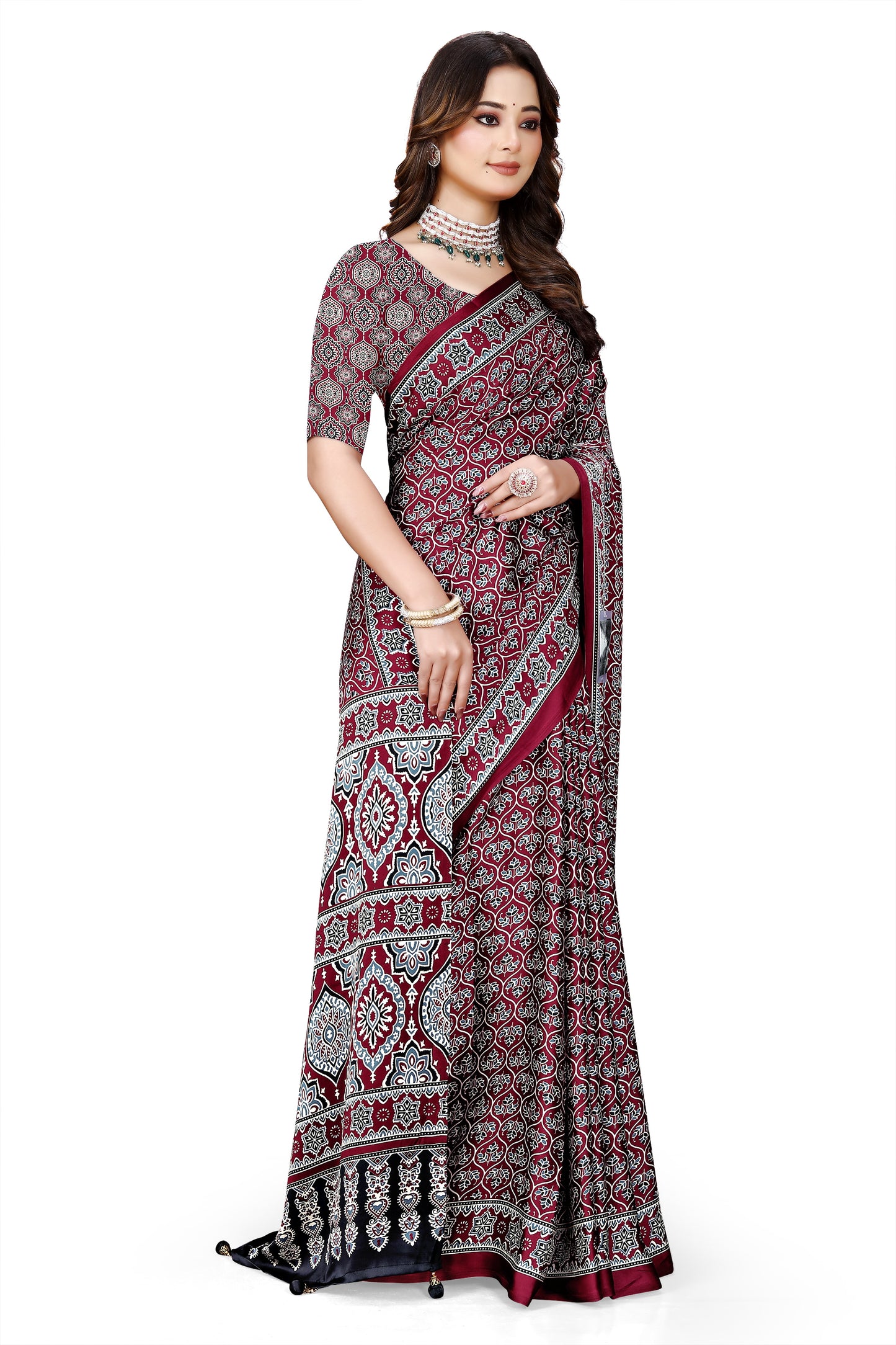 OWLSKY, SASSY & STYLO Womens Japan Satin Saree with Foil Print | Traditional Printed Saree with Unstitched Blouse | Festive Wear Saree for Women | Ethnic Designer Saree Maroon
