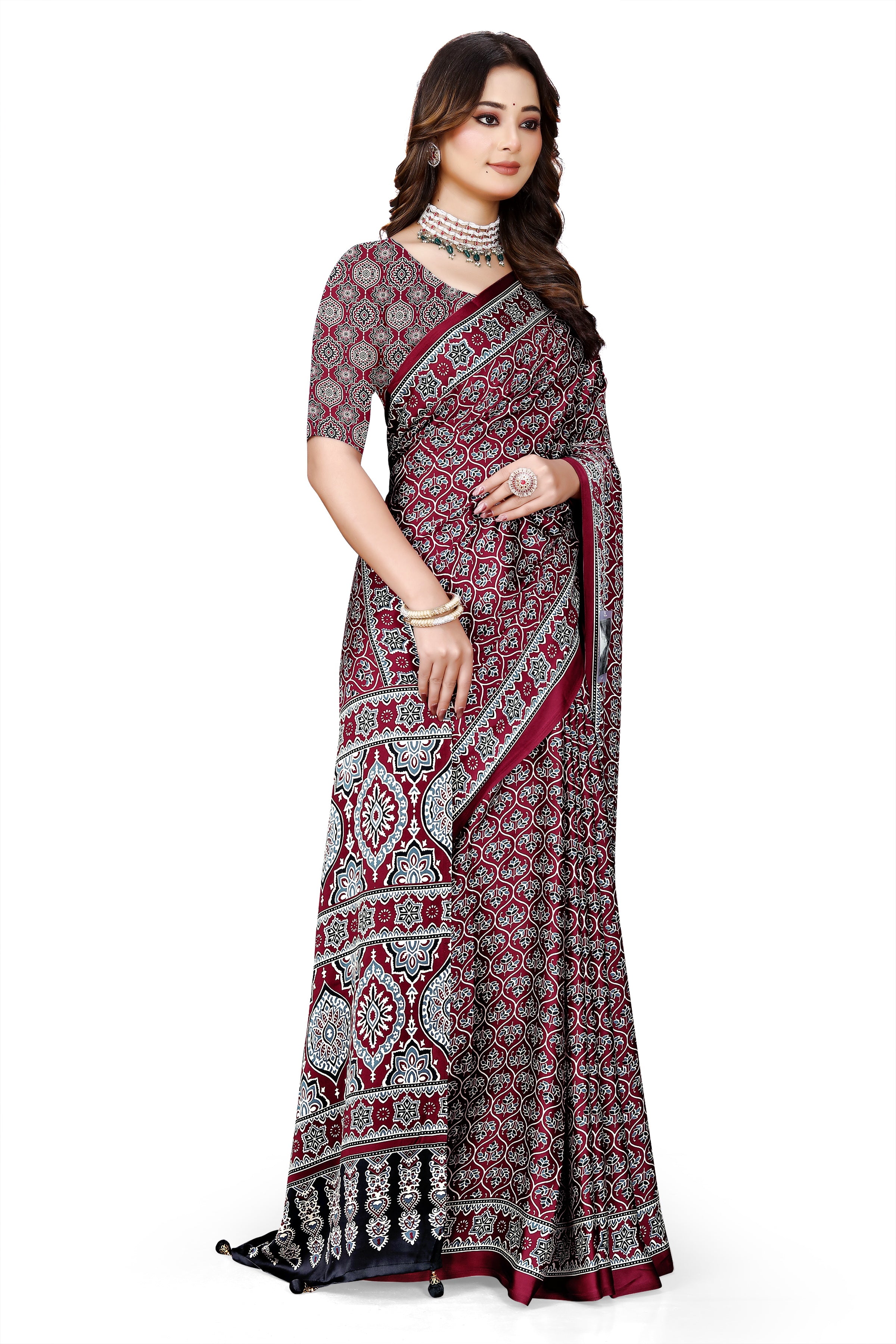 OWLSKY, SASSY & STYLO Womens Japan Satin Saree with Foil Print | Traditional Printed Saree with Unstitched Blouse | Festive Wear Saree for Women | Ethnic Designer Saree Maroon