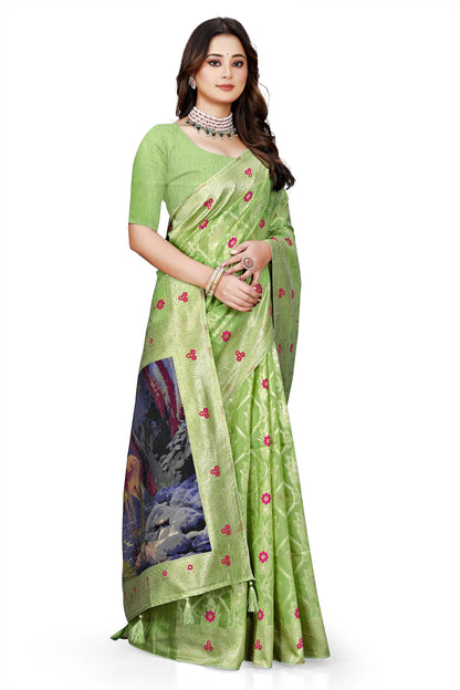 OWLSKY, SASSY & STYLO Jacquard Saree for Women | Elegant Weaving Work | Jacquard Silk Saree with Unstitched Blouse for Women | Unique Digital Pallu Art Green
