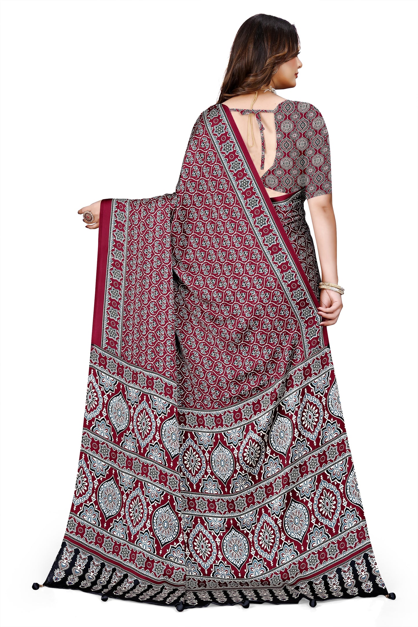 OWLSKY, SASSY & STYLO Womens Japan Satin Saree with Foil Print | Traditional Printed Saree with Unstitched Blouse | Festive Wear Saree for Women | Ethnic Designer Saree Maroon