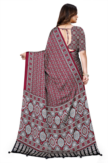 OWLSKY, SASSY & STYLO Womens Japan Satin Saree with Foil Print | Traditional Printed Saree with Unstitched Blouse | Festive Wear Saree for Women | Ethnic Designer Saree Maroon