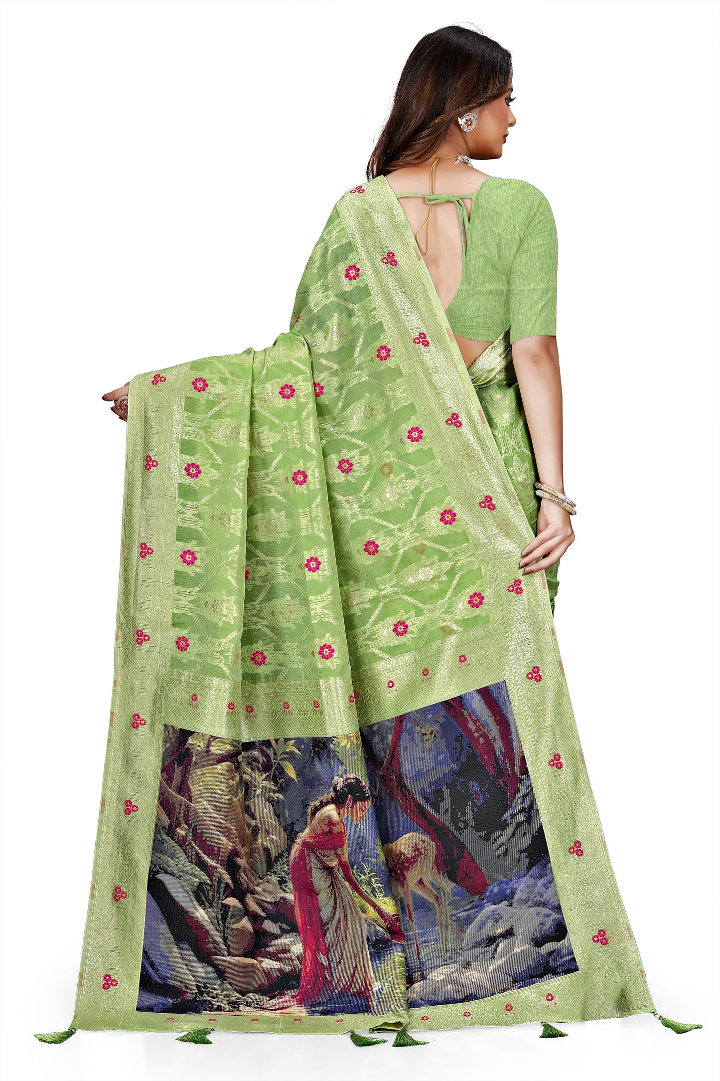 OWLSKY, SASSY & STYLO Jacquard Saree for Women | Elegant Weaving Work | Jacquard Silk Saree with Unstitched Blouse for Women | Unique Digital Pallu Art Green