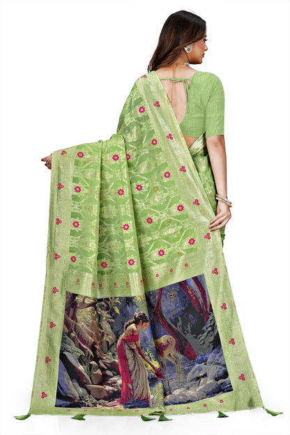 OWLSKY, SASSY & STYLO Jacquard Saree for Women | Elegant Weaving Work | Jacquard Silk Saree with Unstitched Blouse for Women | Unique Digital Pallu Art Green