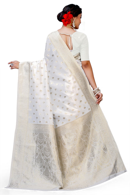 Owlsky Women's Kanjivaram Silk Saree Soft Banarasi Style with Golden & Silver Zari Border | Elegant Silk Look Saree with Unstitched Blouse Piece Off White