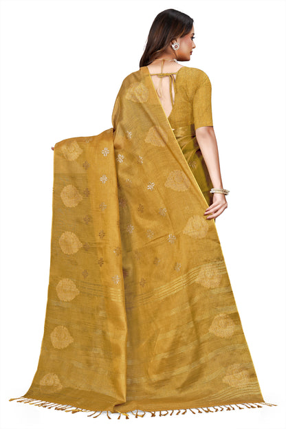 OWLSKY, SASSY & STYLO Women's Elegant Linen Weaving Saree with Unstitched Blouse Piece Yellow