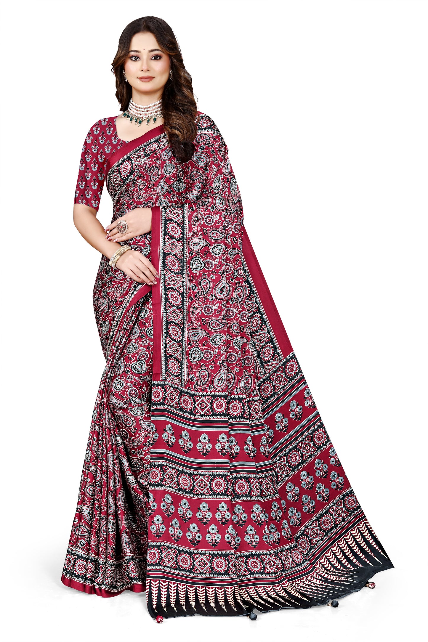 OWLSKY, SASSY & STYLO Womens Japan Satin Saree with Foil Print | Traditional Printed Saree with Unstitched Blouse | Festive Wear Saree for Women | Ethnic Designer Saree Dark Red
