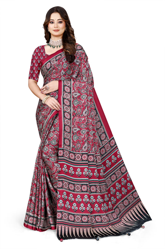 OWLSKY, SASSY & STYLO Womens Japan Satin Saree with Foil Print | Traditional Printed Saree with Unstitched Blouse | Festive Wear Saree for Women | Ethnic Designer Saree Dark Red
