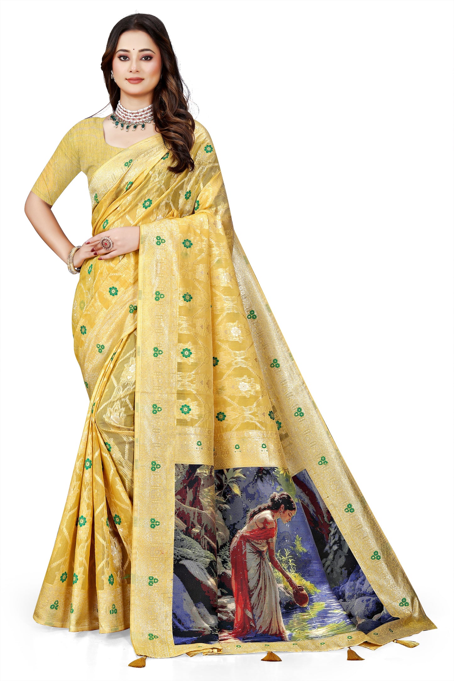 OWLSKY, SASSY & STYLO Jacquard Saree for Women | Elegant Weaving Work | Jacquard Silk Saree with Unstitched Blouse for Women | Unique Digital Pallu Art Yellow