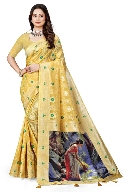 OWLSKY, SASSY & STYLO Jacquard Saree for Women | Elegant Weaving Work | Jacquard Silk Saree with Unstitched Blouse for Women | Unique Digital Pallu Art Yellow