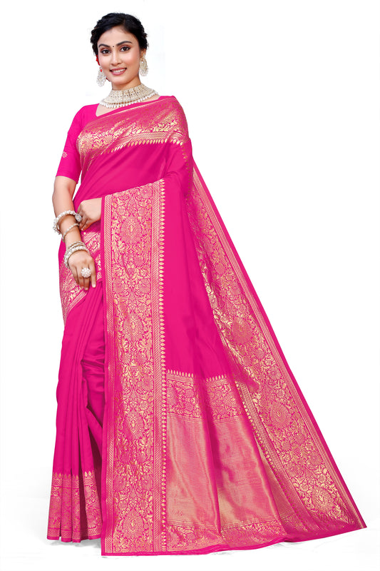 Owlsky Kanjivaram Cotton Silk Saree for Women with Zari Border | Traditional Indian Saree with Unstitched Blouse Piece | Lightweight Festival Wear Saree | Elegant Soft Cotton Silk Saree Rani Pink