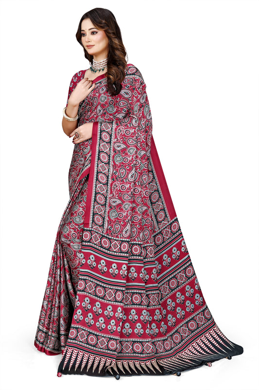 OWLSKY, SASSY & STYLO Womens Japan Satin Saree with Foil Print | Traditional Printed Saree with Unstitched Blouse | Festive Wear Saree for Women | Ethnic Designer Saree Dark Red