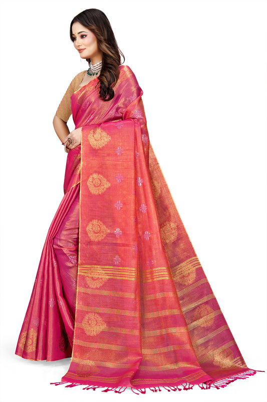 OWLSKY, SASSY & STYLO Women's Elegant Linen Weaving Saree with Unstitched Blouse Piece Rani Pink