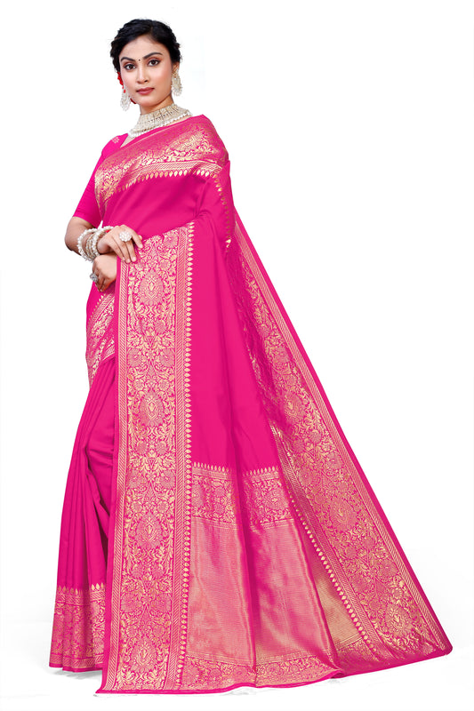 Owlsky Kanjivaram Cotton Silk Saree for Women with Zari Border | Traditional Indian Saree with Unstitched Blouse Piece | Lightweight Festival Wear Saree | Elegant Soft Cotton Silk Saree Rani Pink